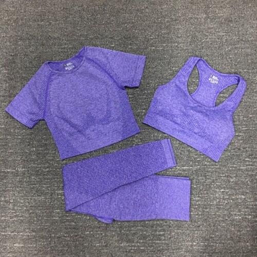 3pcs/set Seamless Sports Set Women Fitness Clothing Yoga Set Tracksuit Workout Clothes Short Sleeve Crop Top High Waist Leggings