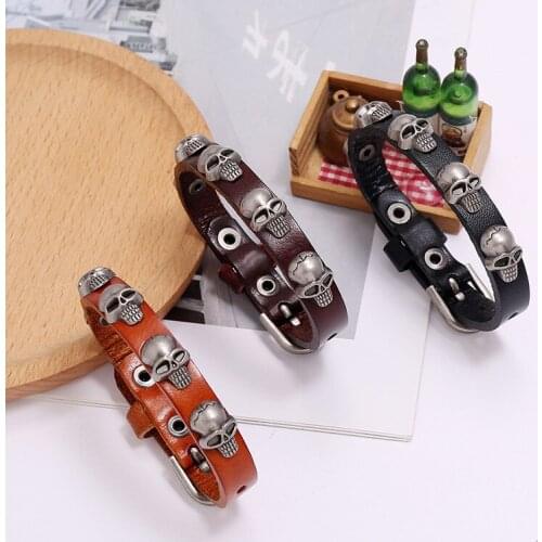 Handmade Leather Men Bracelets Vintage Skull Charms Wrap Bracelet Belt Style Adjustable Bracelets&Bangles