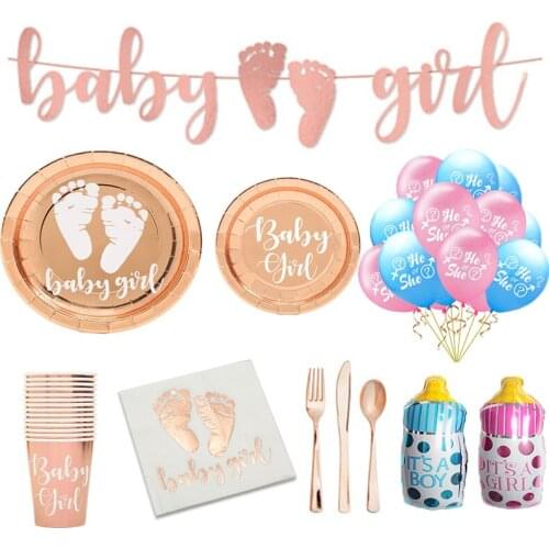2021 Baby or Girls Shower Plates Cups Napkins Knifes Fork Tableware Set Gender reveal Theme Rose Gold Party Birthday Decoration