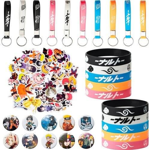80Pcs Leaf Village Anime Themed Party Favor Supplies Set Game Decoration Include Keychains Bracelets Badges Stickers for Kids