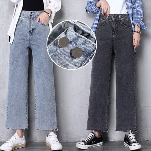 New Women High Waist Single Breasted Small Pockets Wide Leg Pants Ladies Vintage Casual Loose Jeans