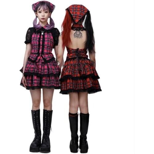 Japanese Harajuku Girls Red Plaid Two Layers Cake Skirt Punk Sweet Kawaii Lolita Ball Gown Pleated Mini Skirts Cosplay Suit