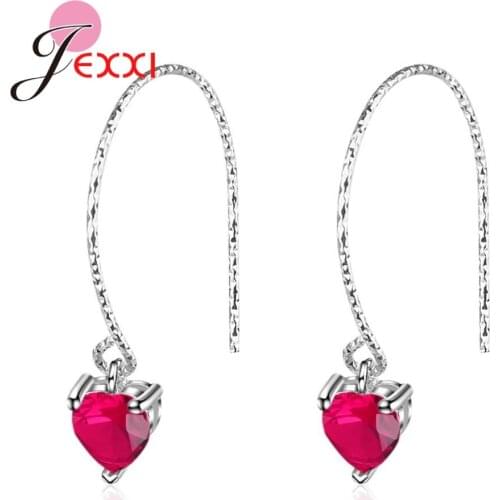 Wholesale Sweet Love Heart Shape Red Clear Crystal 925 Sterling Silver Earrings Women Girls Party Engagement Jewelry