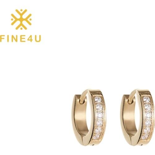 FINE4U E314 Stainless Steel Prong Set Cubic Zirconia Huggie Hoop Earrings Hypoallergenic Cartilage Earrings