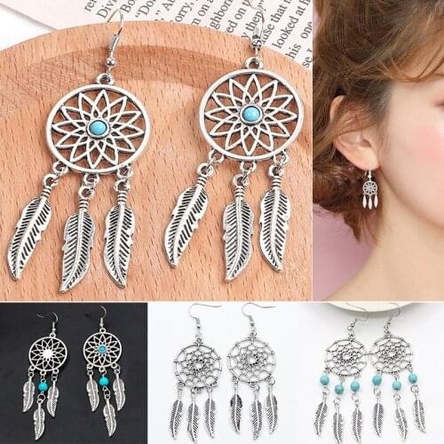 Wholesale Female Feather Lotus Earrings Ancient Silver Color Dream Catcher Dangle Earrings Fashion Hollow Jewelry Accessories