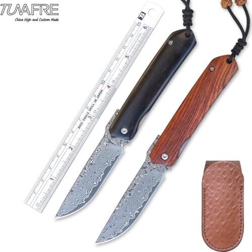 Tunafire Camping Folding Knife VG10 Core Damascus Outdoor Pocket Knives Ebony Wood Handle Stainless Steel Tactical EDC Tools