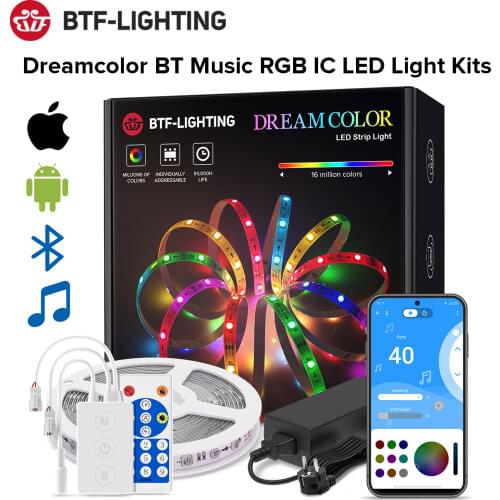Dreamcolor LED Strip Light Bluetooth Music APP Control RGB IC Flexible Led Light Strip for Room TV Bedroom Party Kitchen 10M 20M