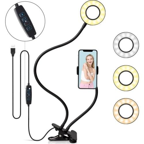 LED USB Ring Light with Phone Holder Clip on Reading Light Gooseneck hose lamp 8W Desk Lamp 360° Flexible Bed Circle Light