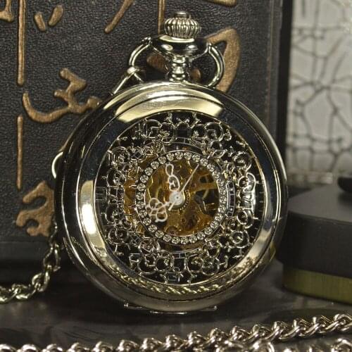 TIEDAN Pocket Watch Men Steampunk Luxury Fashion Antique Chain Necklace Roman Numerals Skeleton Mechanical Pocket Fob Watches