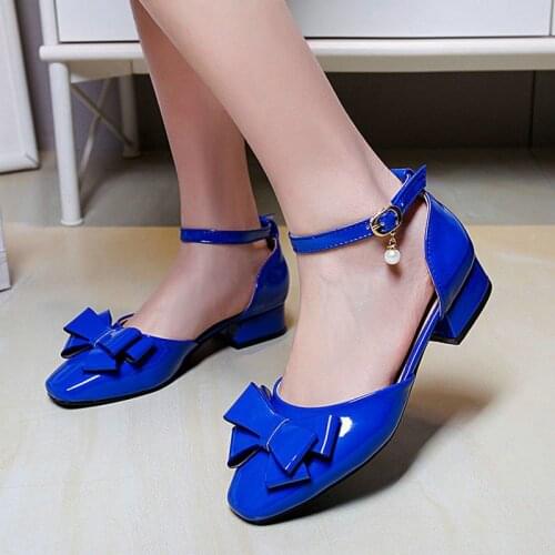 AGODOR Women Dorsay Pumps Patent Leather Low Heel Pumps Women Shoes Ankle Strap Pumps Shoes Casual Royal Blue Pumps 34-48