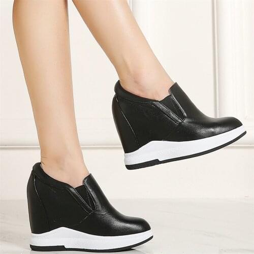 Low Top Oxfords Shoes Women Genuine Leather Wedges High Heel Platform Pumps Shoes Female Round Toe Fashion Sneakers Casual Shoes