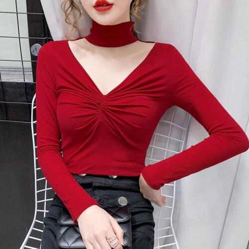 2021 New Tshirt Sexy White Long Sleeve Tops Tees Fashion Casual T Shirt Black Spring Autumn Ladies Solid Tops Tee Shirt Femme