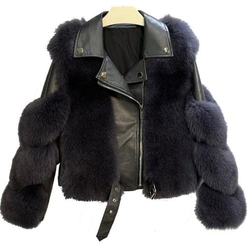 2020 Whole piece skin real leather jacket women fox fur 100% real fur coat female motorcycle model leather fashion overcoat