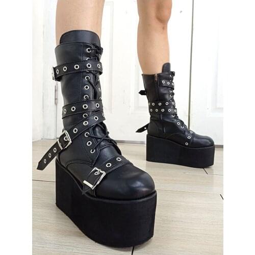 Brand Design Gothic Female Motorcycle Boots Black Platform Wedges With Buckle 2021 Winter Cool Street Mid-Calf Women Boots Shoes
