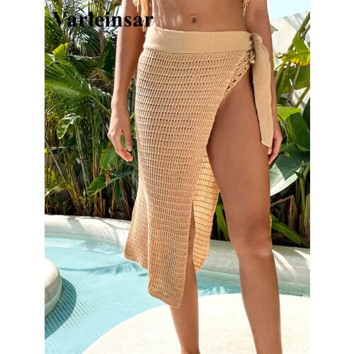 New Crochet Knitted Sarong Solid Split Skirts Pareo Beach Cover Up Cover-ups Beach Dress Beach Wear Beachwear Female Women V3020