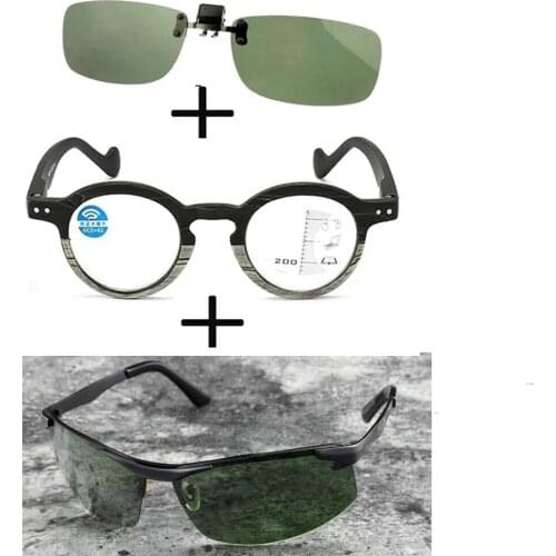 3Pcs!! Wood Progressive Multifocal Far and Near Reading Glasses Men Women + Alloy Polarized Sunglasses Outdoor + Sunglasses Clip