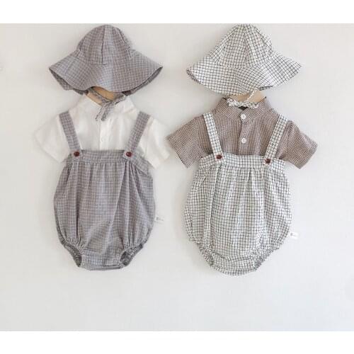 Hot Sell Summer Cotton Toddler Rompers Plaid Strap + Sun Hat + Shortsleeved Shirt 3pcs Infant Suit Junmpsuit Newborn Baby Outfit