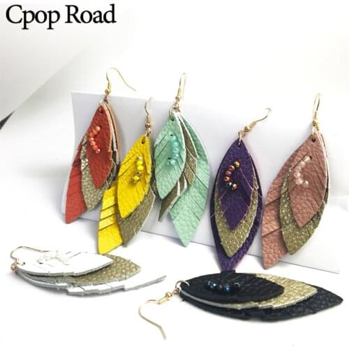 Cpop New Three Layers Genuine Leather Earrings for Women Fashion Leaf Earrings Fashion Jewelry Female Ear Drop Accessories Gifts