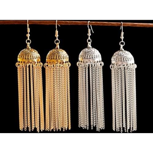 Ethnic Womens Gold Long Tassel Dangle Earrings Jhumka Vintage Drop Earring Lantern Palace Hollow Indian Jewelry