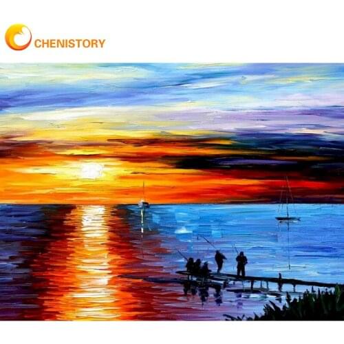 CHENISTORY Full Square Drill 5D DIY Diamond Painting Fisherman Sunset Scenery Diamond Embroidery Cross Stitch Home Decor Gift