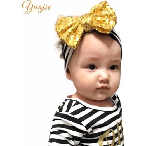 Photo Prop Costume 5" Glitter Sequins Bow Girl Elastic Striped Headband 2021 New Arrival Headwrap For Kids Bandeau Headwear