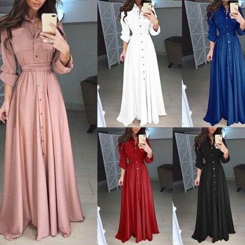 Fashion Women Long Sleeve Shirt Dress Button Dowm Maxi Evening Party Dress