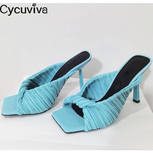 Summer Designer Modern Slippers Women Pleated Leather Mules Ladies Brand Slides High Heel Party Shoes 2021 Sandalias Mujer