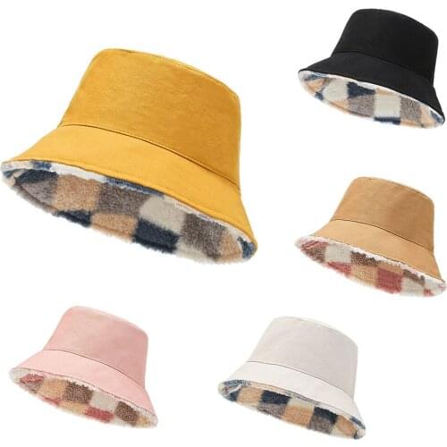 New Double-sided Lamb Wool Fisherman Hat Fashion Checkered Warm Bucket Hat Winter Ladies Hat Bob Hip-hop Mens Panama Hat