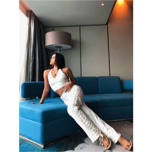 IAMGIA High Waist Slim Lace Pants Kylie Same Style European and American Hot Girl Pants Casual White Lace-up Straight Pants