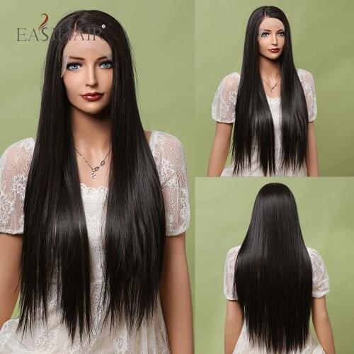 EASIHAIR Dark Brown Long Lace Front Synthetic Wigs Side Part Natural Black Straight Heat Resistant Lace Frontal Wig High Density