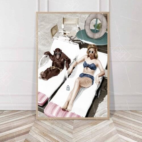 Human Friend Gorilla Posters and Prints Beautiful Woman Sunbathing Canvas Painting Abstract Art Wall Pictures For Living Room