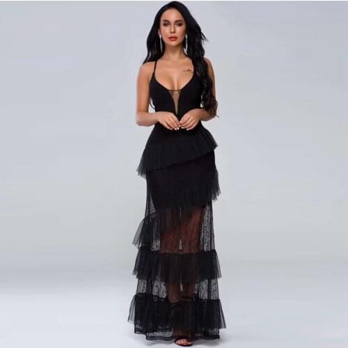 Latest Fashion Sexy Black Bandage With Lace Long Party Dress See Through Celebrate Women Dresses Wholesale Online