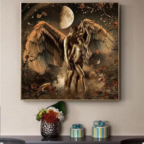 African Black Gold Naked Woman Man with Wings Oil Painting Art Posters and Canvas Prints Scandinavian Living Room Mural