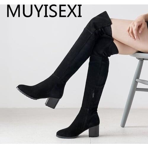 6cm Thick Square Heels Long Boots Full Genuine Leather Round Toe Thigh High Over the Knee Women Winter Shoes LDI20 MUYISEXI