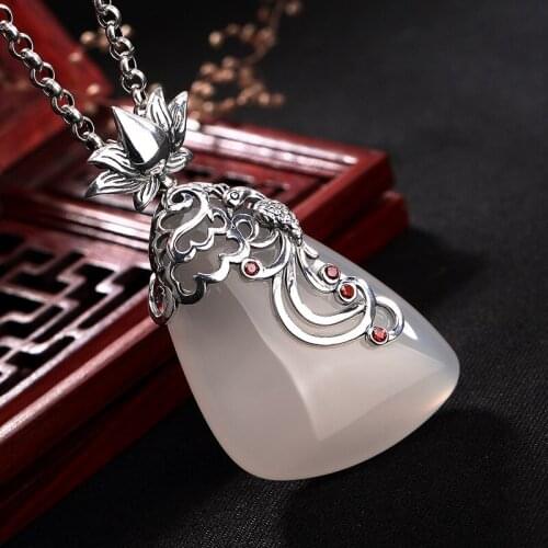 Silver S925 pure silver ancient peacock lotus flower white jade marrow Pendant Long silver sweater chain female Pendant