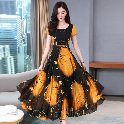 Chiffon dress womens summer 2021 new large size waist-length body re-classical print long big dress dress