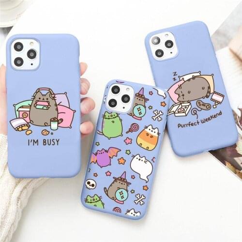 Cute Cartoon Cat Pusheens Phone Case for iPhone 12 mini 11 Pro Max X XR XS 8 7 6s Plus Candy purple Silicone cover