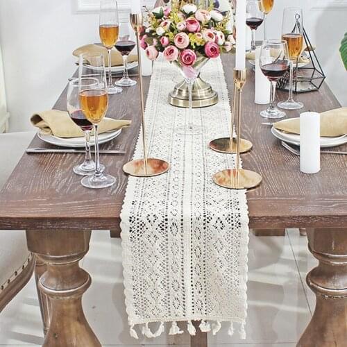 Crochet Hollow Lace Table Runner Tassels Beige Cotton Wedding Party Dinner Decor Tablecloth Nordic Romance Table Cover