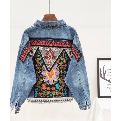 Denim Jacket Women Beading Floral Embroidered Bohemian Loose Single-breasted Jeans Jacket Autumn Vintage India Folk Clothes H226