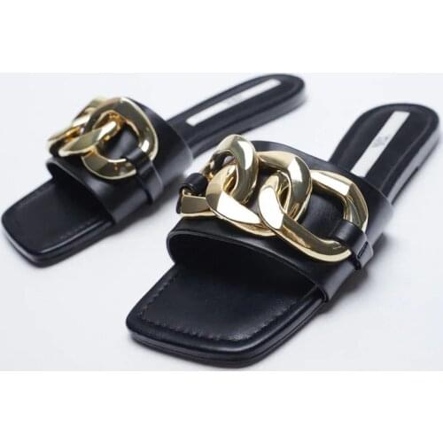 Zar a Woman 2021 Flat Shoes Spring Summer New Sexy Metal Chain Fashion Square Toe Flat-Heeled Beach Sandals For Women Plus Size