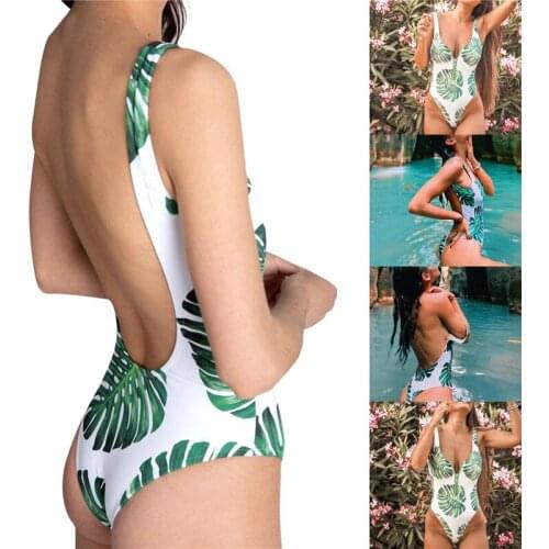 Women One-piece Swimsuit Adults Leaf Print U-shaped Neck Half-zip Swimwear with Chest Pad 2021 Women Sexy Bikinis Set