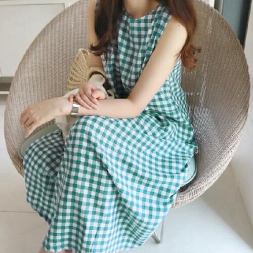 2021 New Women Summer Plaid Long Tank Dress Wide Waisted Sleeveless Loose Pullover A-line Sundress