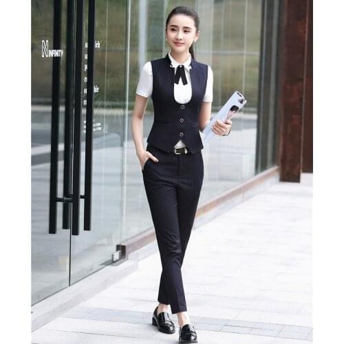 New 2018 Summer Ladies Striped Vest & Waistcoat Women Business Suits with Pant and Top Sets Work Wear Uniforms