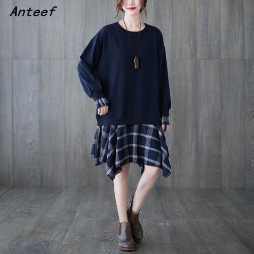 Long sleeve cotton vintage plaid for women casual loose midi winter autumn dress elegant clothes 2021 ladies dresses