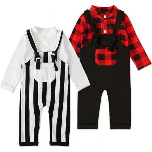 0M-24M Newborn Kids Baby Boys Romper Bodysuit Tops+Solid Suspender Pants Outfits Set Fashion British style Baby Boys Clothes