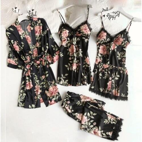 5pc Sexy Lace Satin Robe Bathrobe Trousers Shorts Lingerie Set Pajamas Sleepwear Ladies Women Pajamas Siamese Skirt Set Home