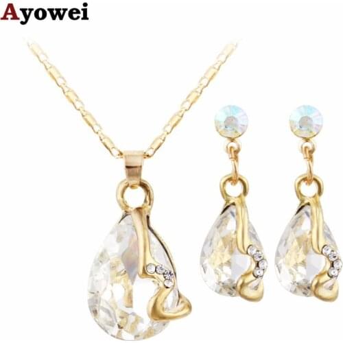 Ayowei Simple Design Gold Necklace Pendant Earrings White Zircon Set Spring Carnival Party Gift for womenJS824A