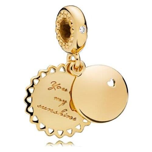 Original 925 Sterling Silver Bead Charm Gold Color Shine You Are My Sunshine Beads Fit Pan Bracelet & Necklace Diy Jewelry