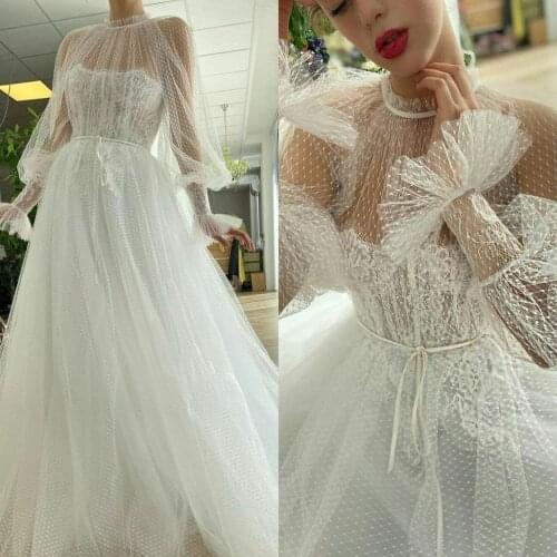 Elegant Evening Gowns Long Sleeves High Neck Floor Length A Line Prom Dresses Lace Vestidos Formal Robe De Soirée