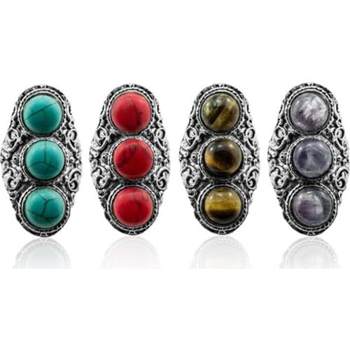 FYJS Unique Silver Plated Antique Red Turquoises with 3 Small Beads Resizable Finger Ring Tiger Eye Stone Jewelry
